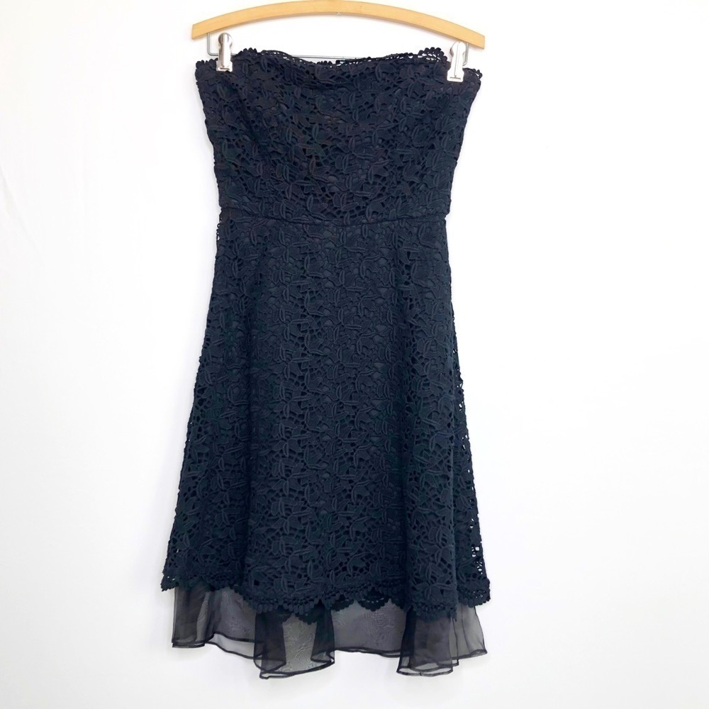 Joie black Appliqué strapless fit and flare scalloped hem dress
